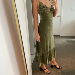 Reformation Enya Dress in green velvet, 0
